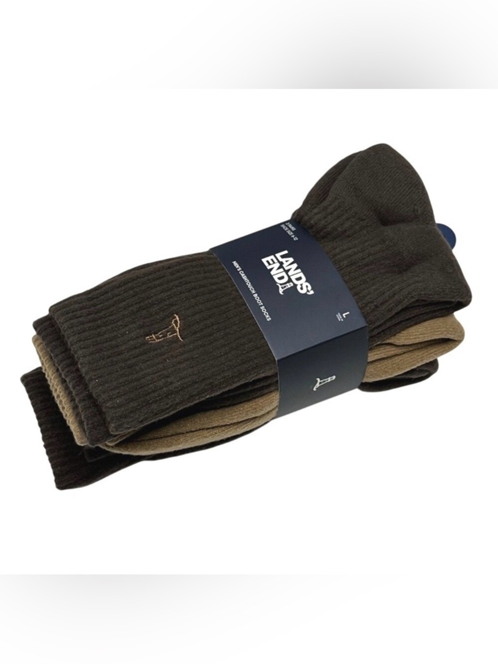 NWT Lands' End Men's Soft Touch Boot Socks 3 Pack Full Terry Sz Lg Brown &‎ Tan